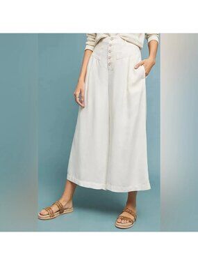 EUC By Anthropologie Oceanside Cropped Linen Blend Wide-Leg Pants Cream Size M L